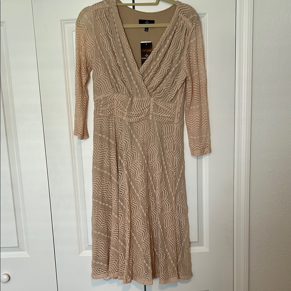 Ronni Nicole Tan Ruched Wrap Dress 3/4 Sleeve